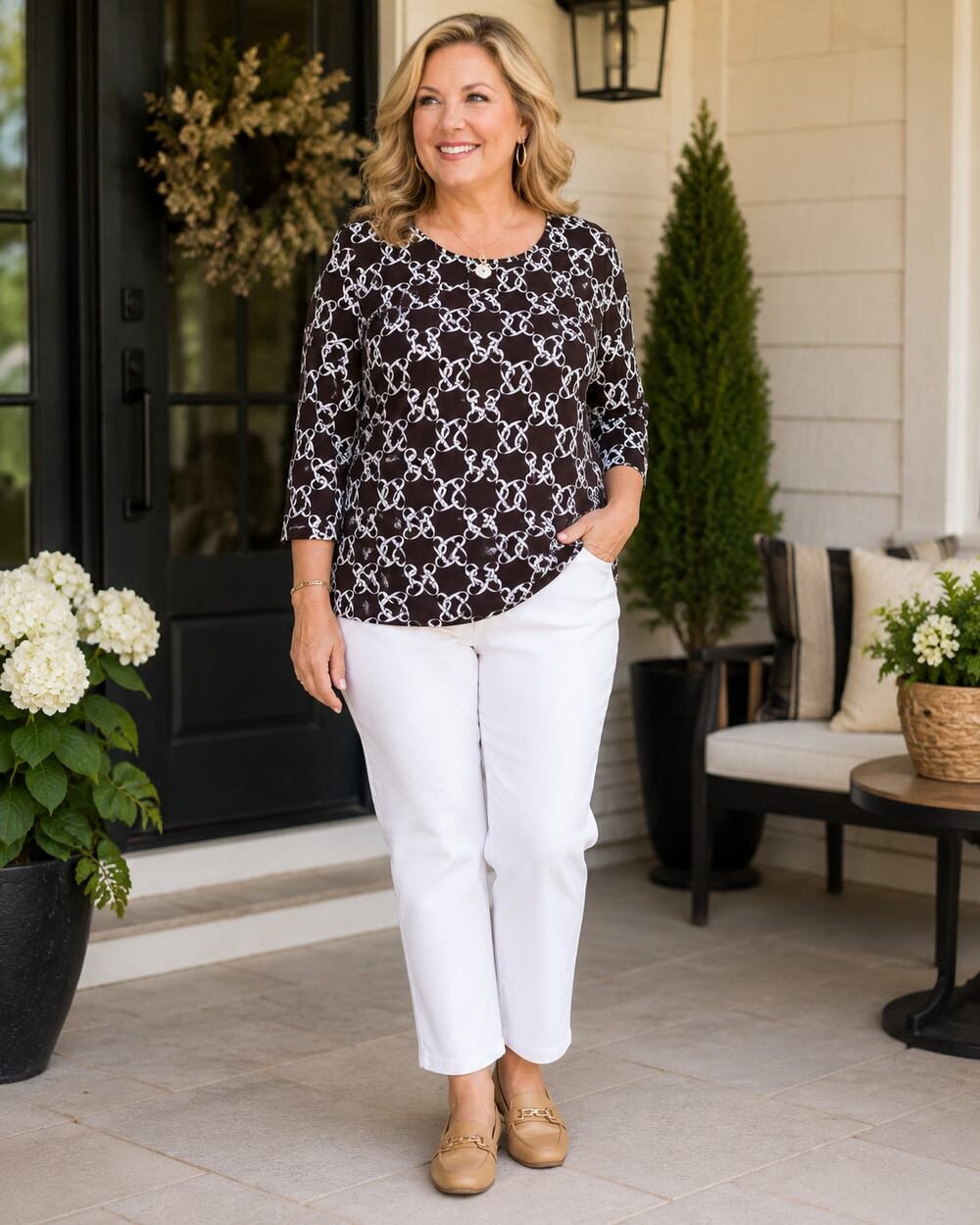 Susan Graver triple layer brown white bows top size 1X